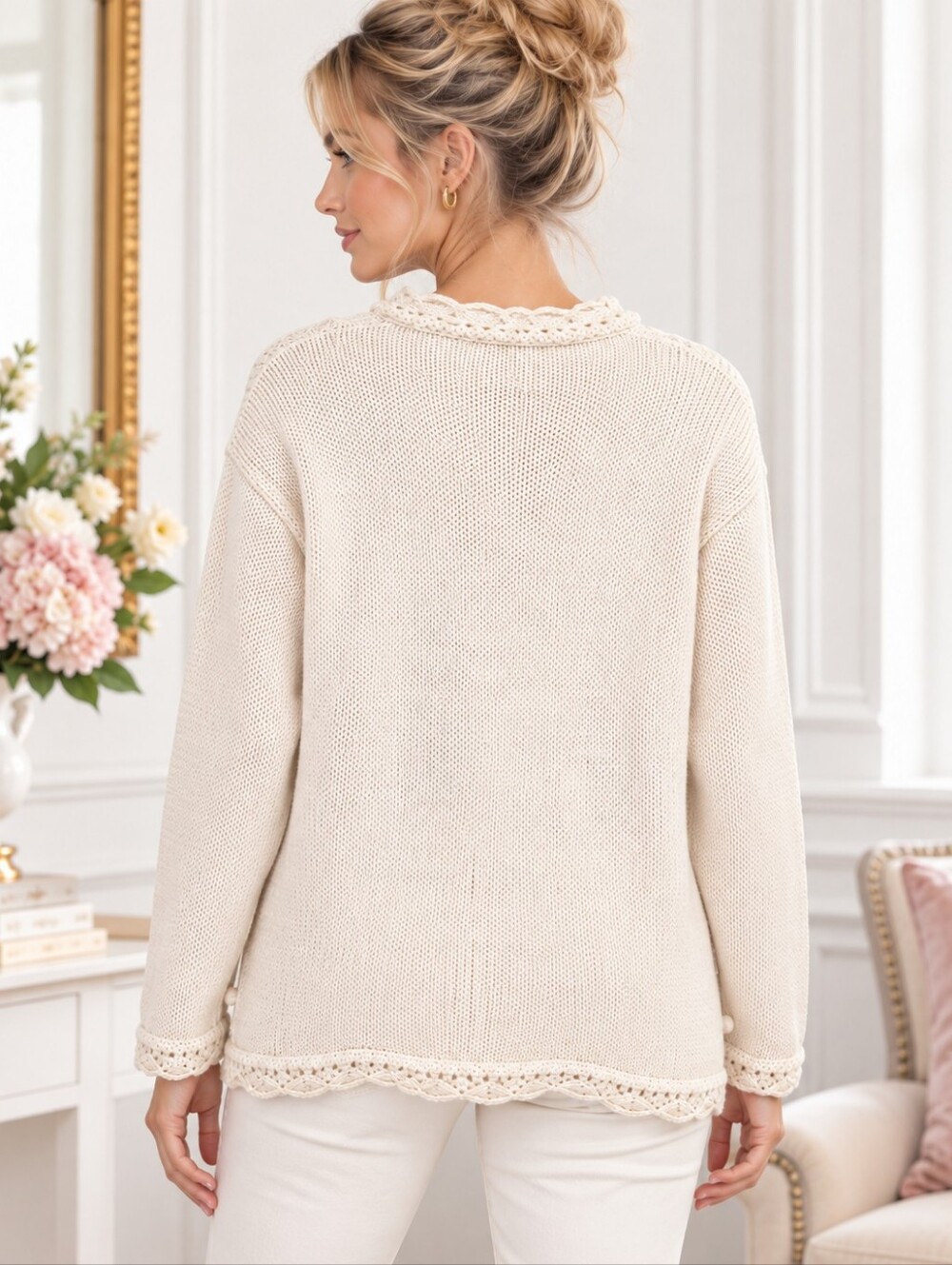 Rachel Max Vintage Floral Ramie Cotton Cable Knit Sweater Medium - Picture 2 of 9